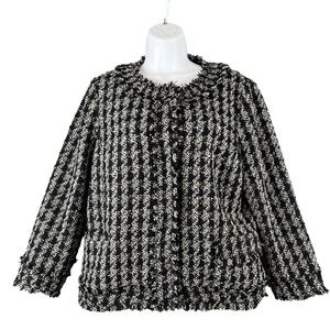 Ann Taylor Women's Size 12 Black White Plaid Fringe Tweed Snap Cropped Blazer